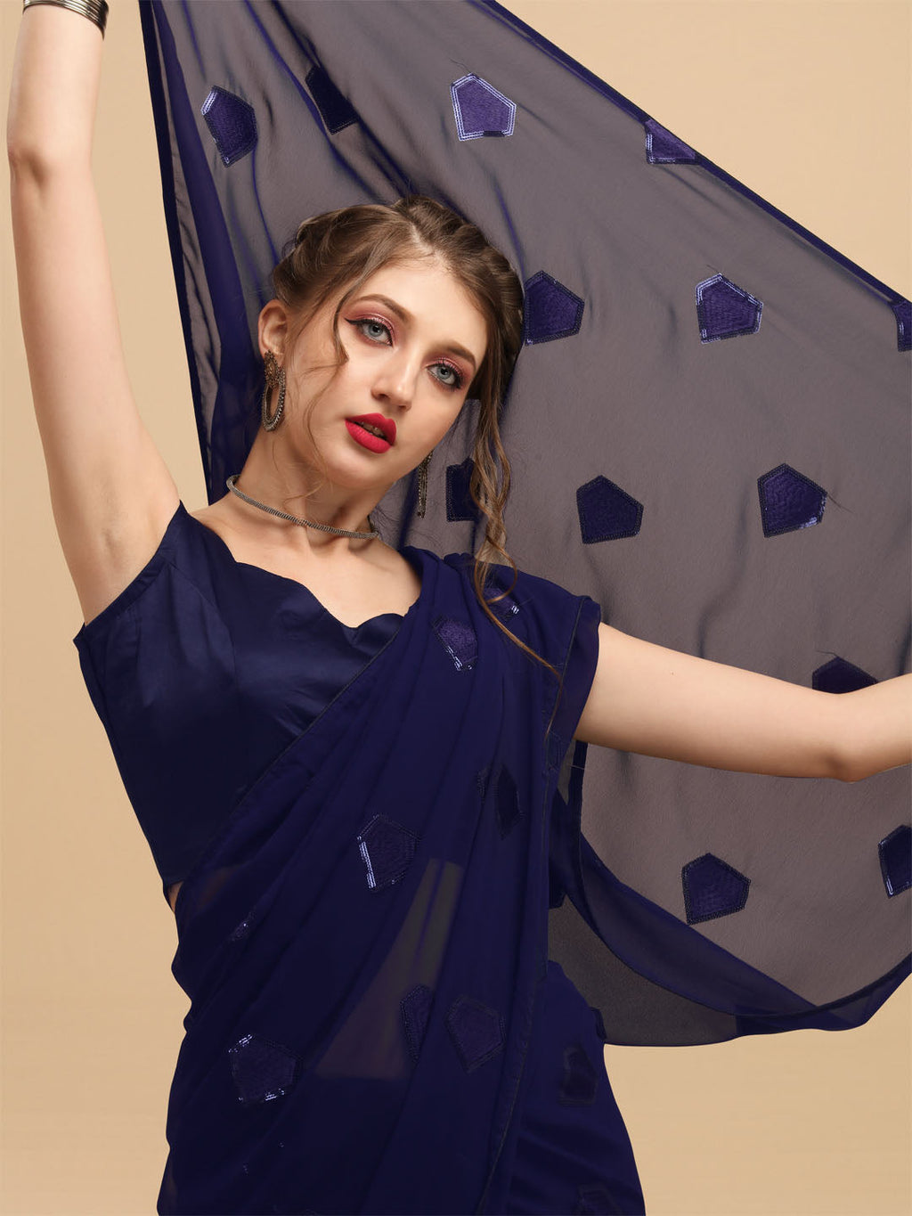 Sangria Navy Blue Sequinned Pure Georgette Saree | Grocsy