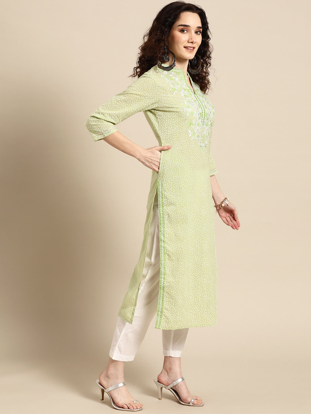 Sangria Women Green Floral Yoke Design Thread Work Pastels Kurta | Grocsy