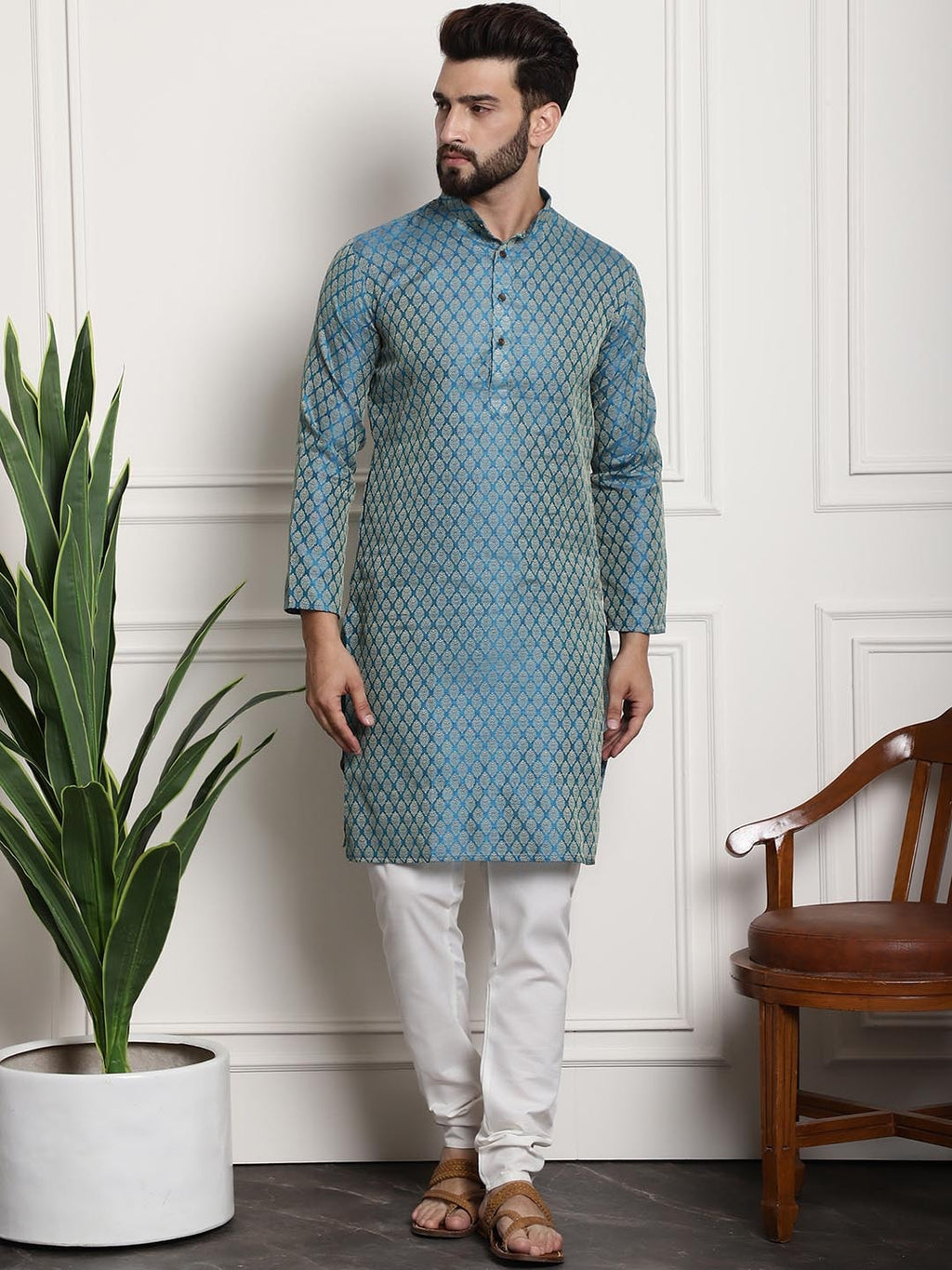Sojanya Men Blue Ethnic Motifs Kurta with Pyjamas & Nehru Jacket | Grocsy