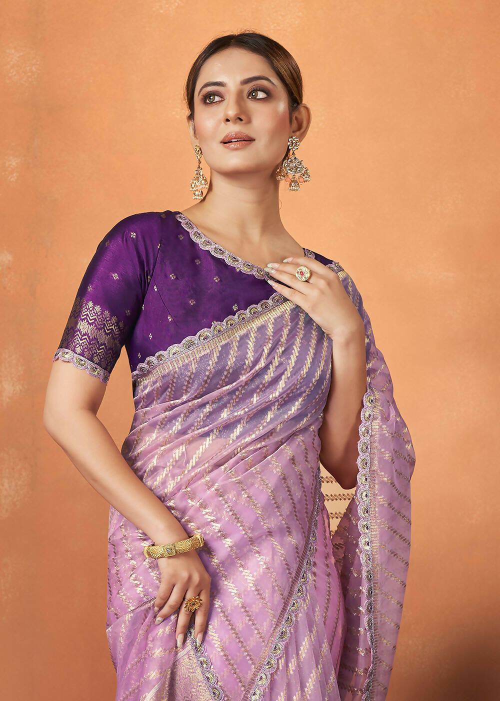 Violet Organza Silk Woven Design Saree With Unstitched Blouse Piece - Norita Royal Pradha | Grocsy