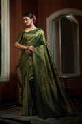 Vardha Myrtle Green Golden Zari Kanjeevaram Silk Saree | Grocsy