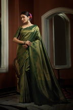 Vardha Myrtle Green Golden Zari Kanjeevaram Silk Saree | Grocsy