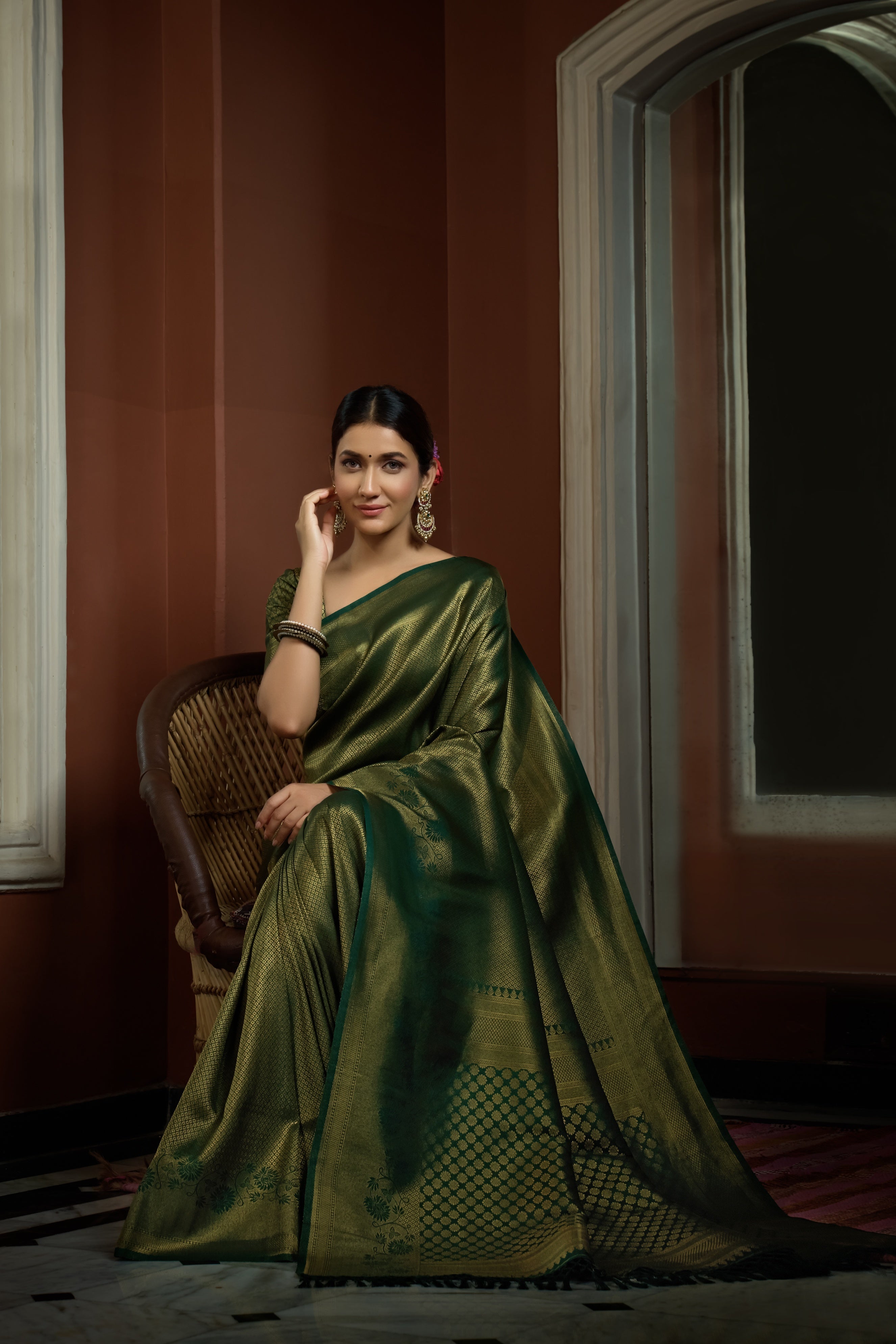 Vardha Myrtle Green Golden Zari Kanjeevaram Silk Saree | Grocsy