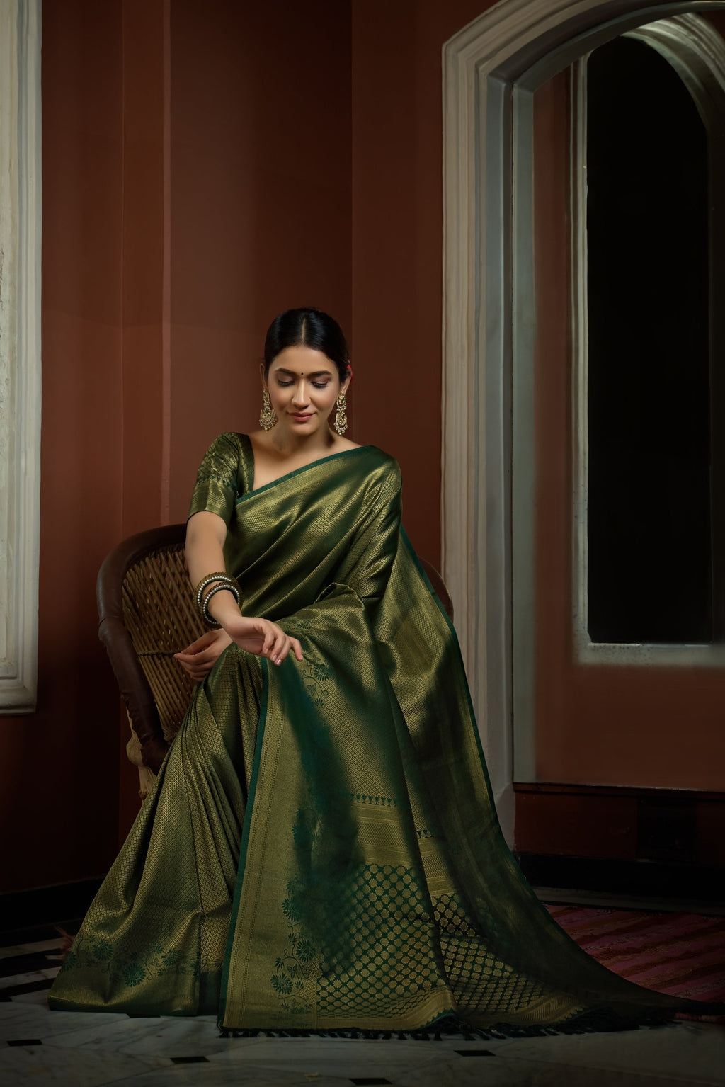 Vardha Myrtle Green Golden Zari Kanjeevaram Silk Saree | Grocsy