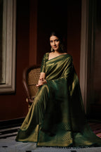 Vardha Myrtle Green Golden Zari Kanjeevaram Silk Saree | Grocsy