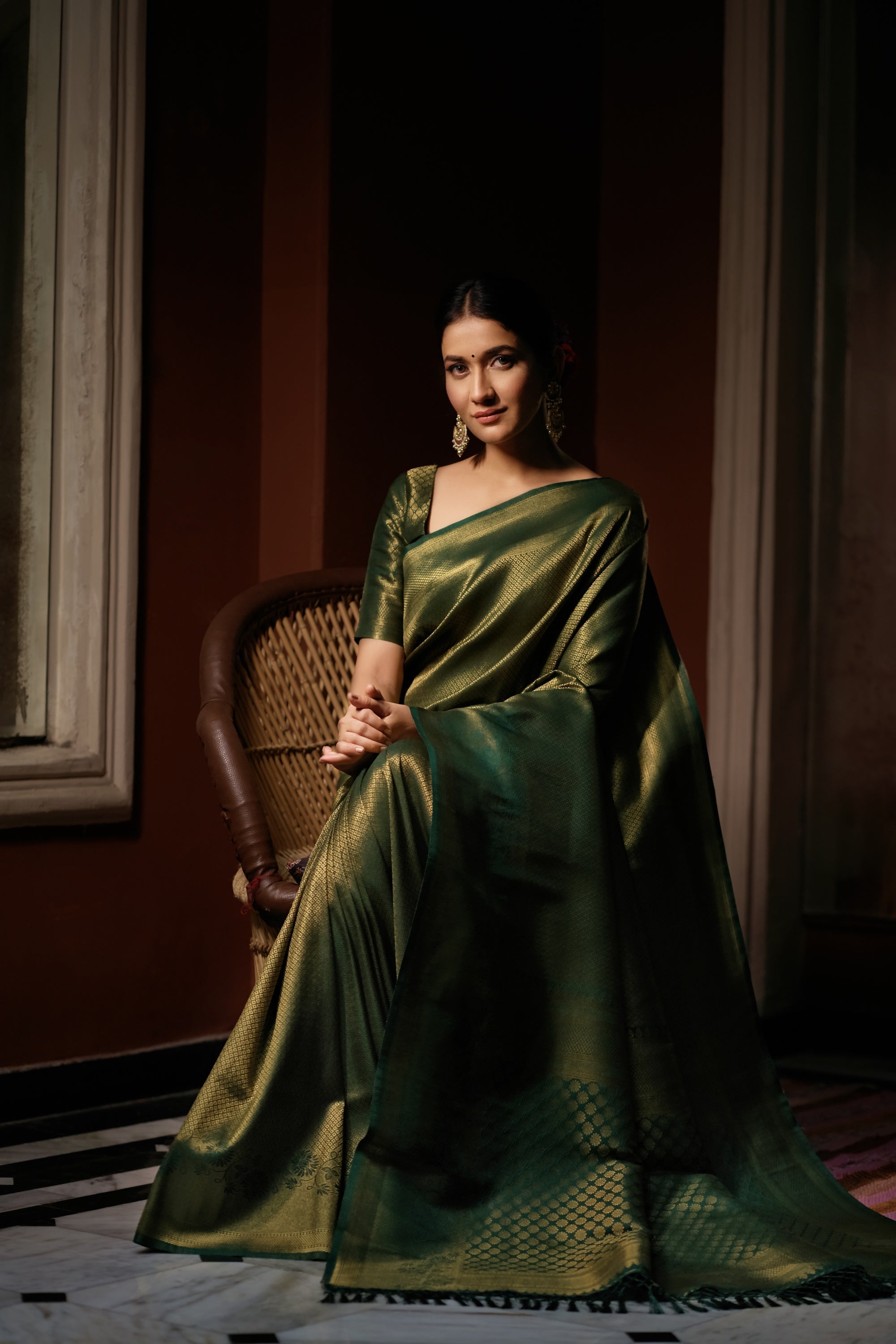 Vardha Myrtle Green Golden Zari Kanjeevaram Silk Saree | Grocsy