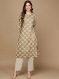 HERE&NOW Beige & Green Ethnic Motifs Printed Sequinned Thread Work Cotton Kurta | Grocsy