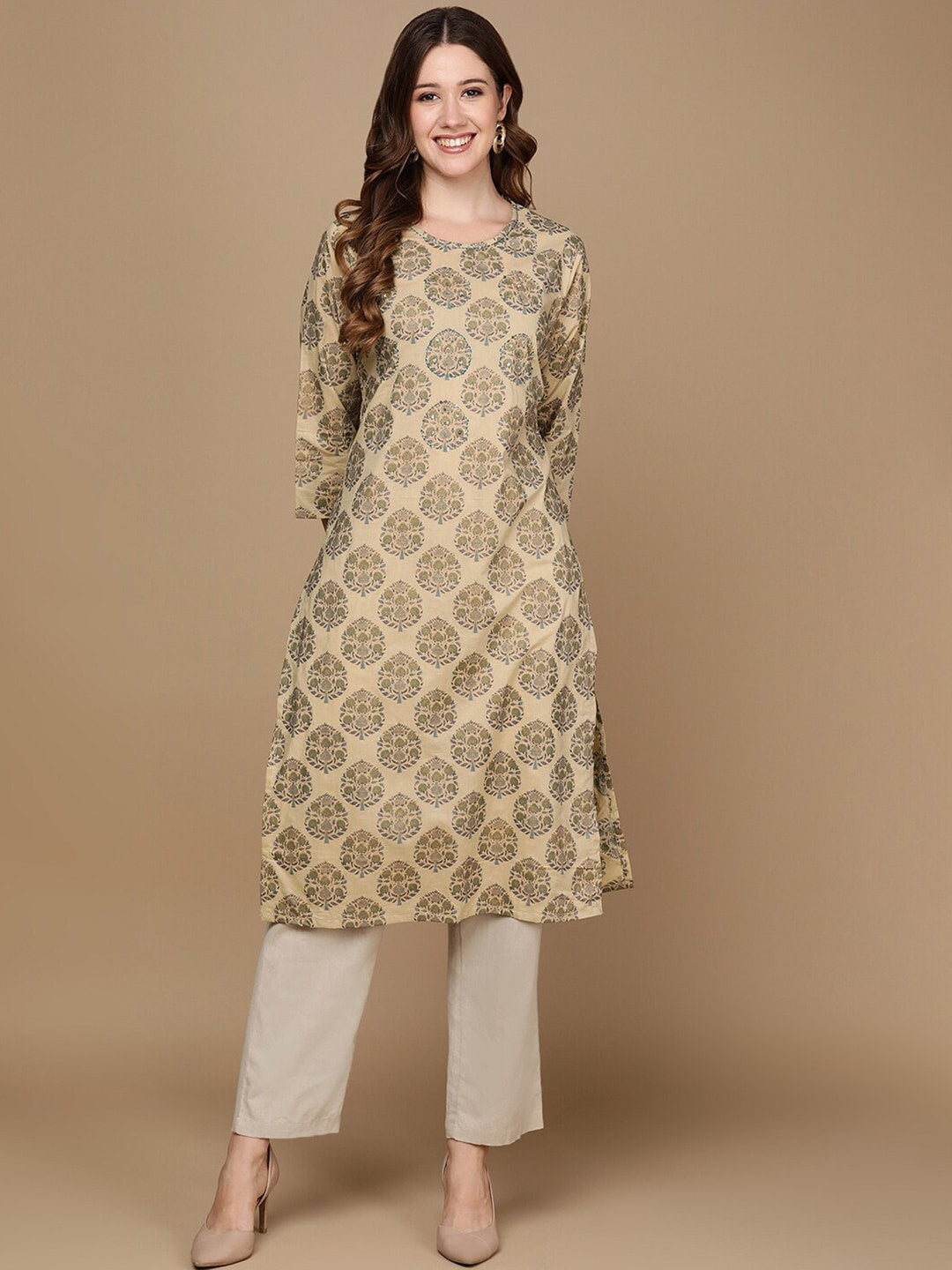 HERE&NOW Beige & Green Ethnic Motifs Printed Sequinned Thread Work Cotton Kurta | Grocsy
