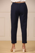 Juniper Navy Blue Cotton Solid Slim Fit Pants With Partially Elasticated Waistband | Grocsy