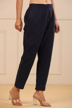 Juniper Navy Blue Cotton Solid Slim Fit Pants With Partially Elasticated Waistband | Grocsy