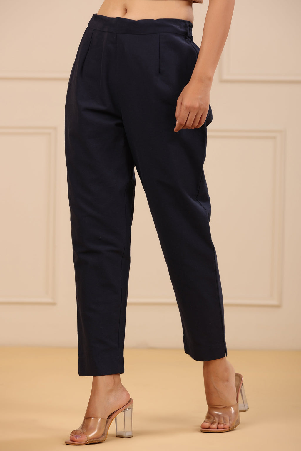Juniper Navy Blue Cotton Solid Slim Fit Pants With Partially Elasticated Waistband | Grocsy