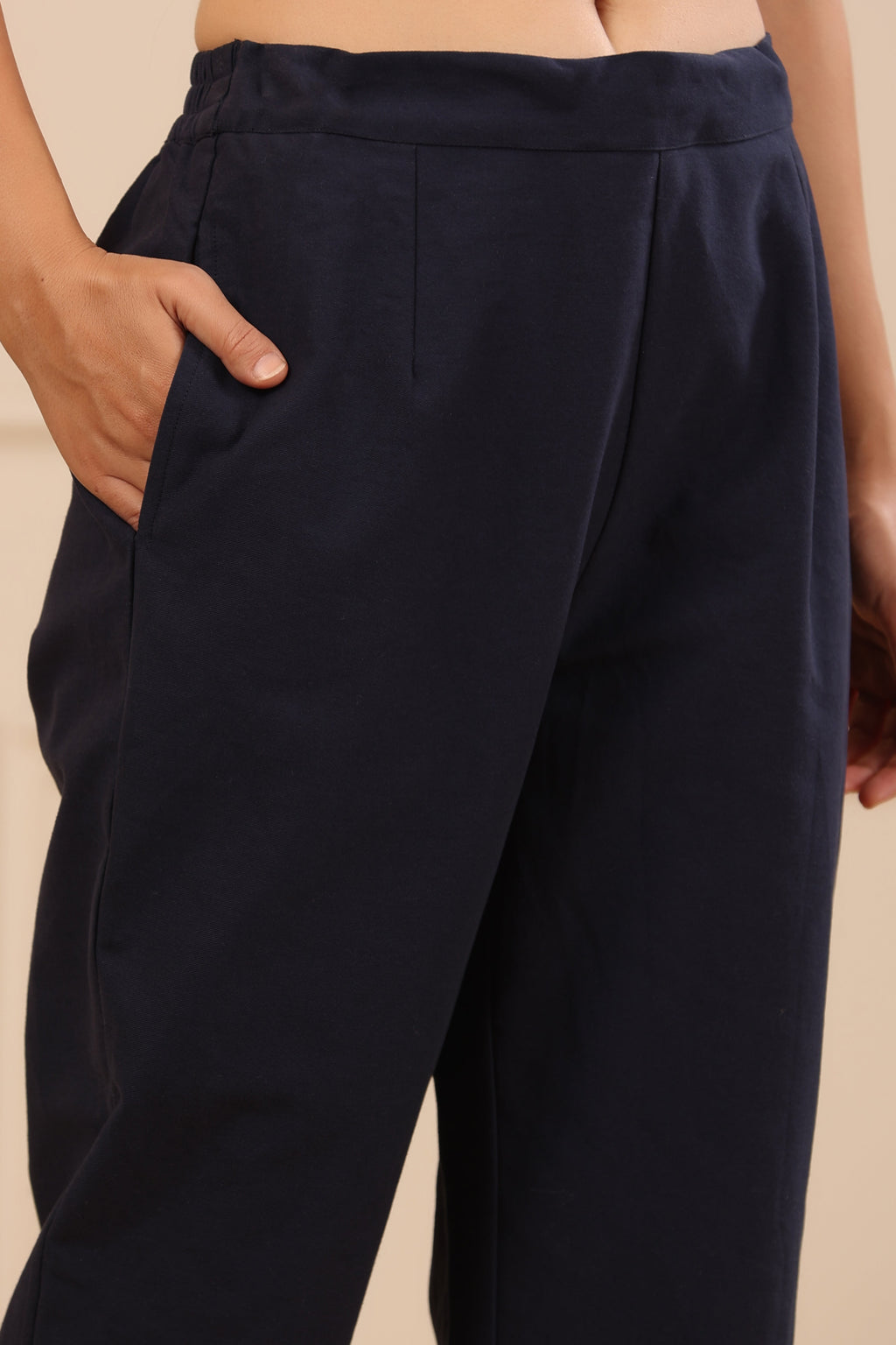 Juniper Navy Blue Cotton Solid Slim Fit Pants With Partially Elasticated Waistband | Grocsy