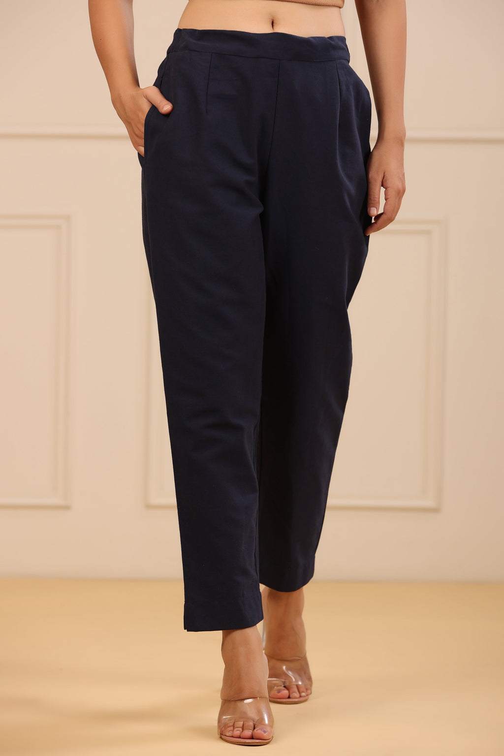 Juniper Navy Blue Cotton Solid Slim Fit Pants With Partially Elasticated Waistband | Grocsy
