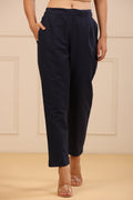 Juniper Navy Blue Cotton Solid Slim Fit Pants With Partially Elasticated Waistband | Grocsy