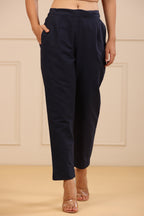 Juniper Navy Blue Cotton Solid Slim Fit Pants With Partially Elasticated Waistband | Grocsy
