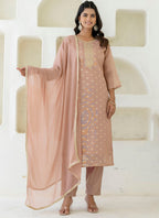 Vellora Chanderi Silk Peach Casual Wear Embroidery Work Readymade Salwar Suit | Grocsy