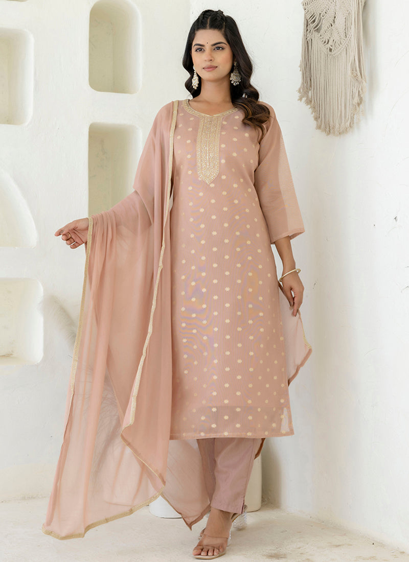 Vellora Chanderi Silk Peach Casual Wear Embroidery Work Readymade Salwar Suit | Grocsy