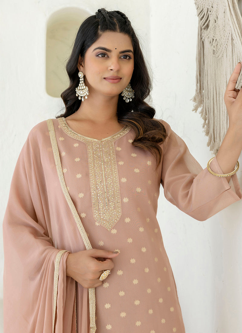 Vellora Chanderi Silk Peach Casual Wear Embroidery Work Readymade Salwar Suit | Grocsy