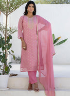 Vellora Chanderi Silk Pink Casual Wear Embroidery Work Readymade Salwar Suit | Grocsy