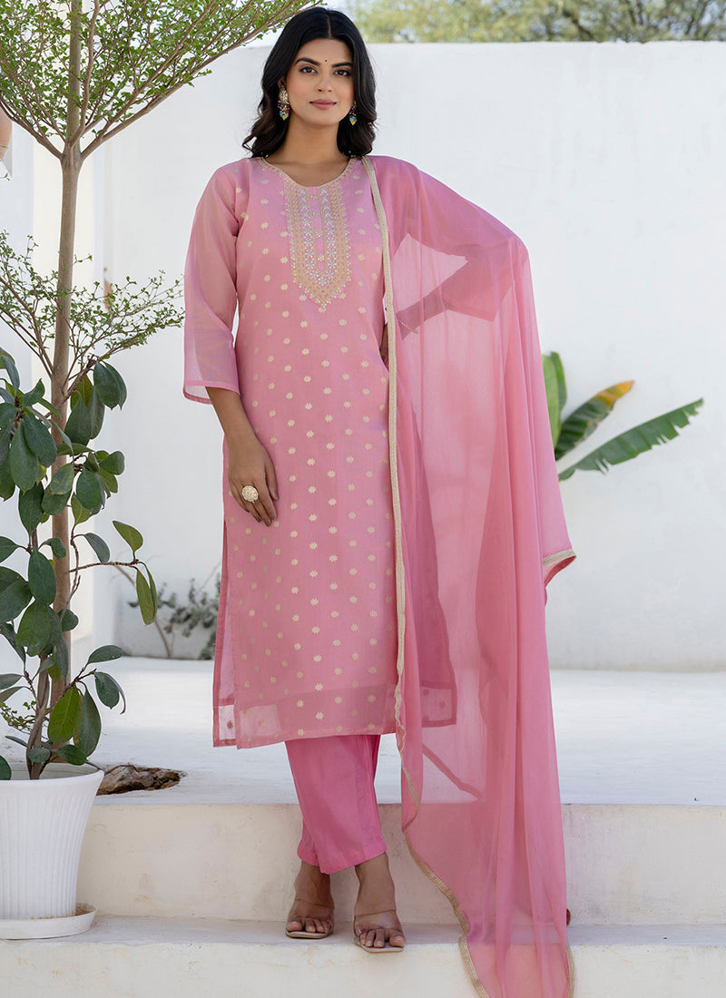 Vellora Chanderi Silk Pink Casual Wear Embroidery Work Readymade Salwar Suit | Grocsy