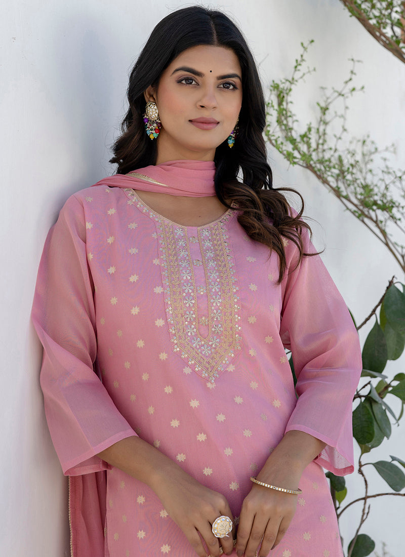 Vellora Chanderi Silk Pink Casual Wear Embroidery Work Readymade Salwar Suit | Grocsy