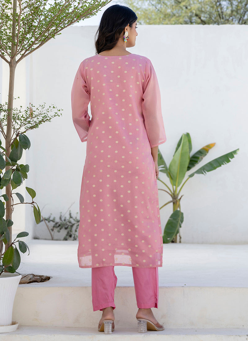Vellora Chanderi Silk Pink Casual Wear Embroidery Work Readymade Salwar Suit | Grocsy