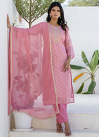 Vellora Chanderi Silk Pink Casual Wear Embroidery Work Readymade Salwar Suit | Grocsy