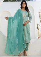 Vellora Chanderi Silk Sea Green Casual Wear Embroidery Work Readymade Salwar Suit | Grocsy