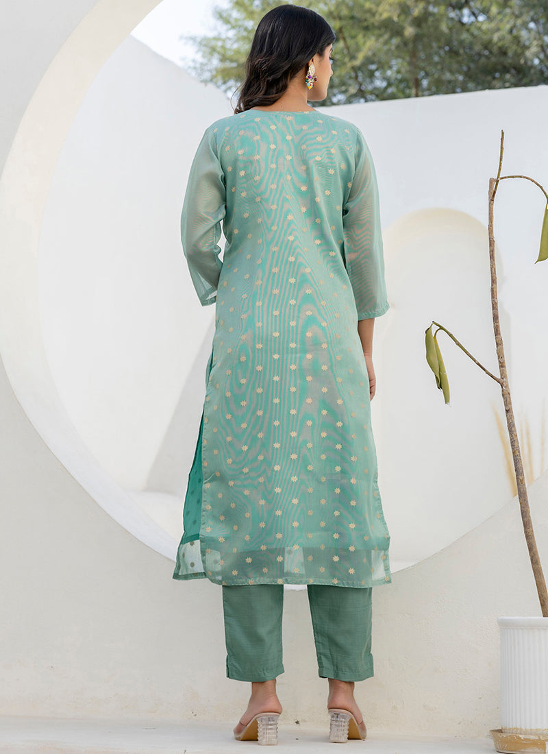 Vellora Chanderi Silk Sea Green Casual Wear Embroidery Work Readymade Salwar Suit | Grocsy