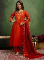 Vellora Silk Blend Rust Orange Party Wear Embroidery Work Readymade Salwar Suit | Grocsy