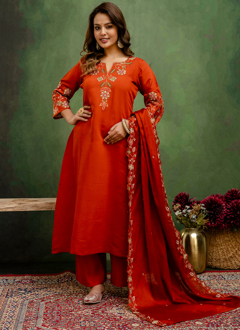 Vellora Silk Blend Rust Orange Party Wear Embroidery Work Readymade Salwar Suit | Grocsy