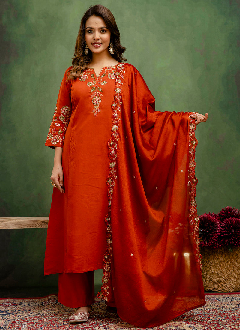 Vellora Silk Blend Rust Orange Party Wear Embroidery Work Readymade Salwar Suit | Grocsy