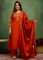 Vellora Silk Blend Rust Orange Party Wear Embroidery Work Readymade Salwar Suit | Grocsy