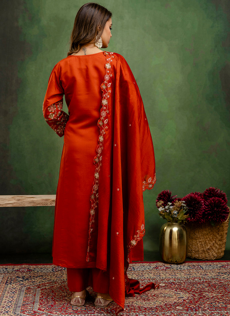 Vellora Silk Blend Rust Orange Party Wear Embroidery Work Readymade Salwar Suit | Grocsy