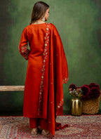 Vellora Silk Blend Rust Orange Party Wear Embroidery Work Readymade Salwar Suit | Grocsy