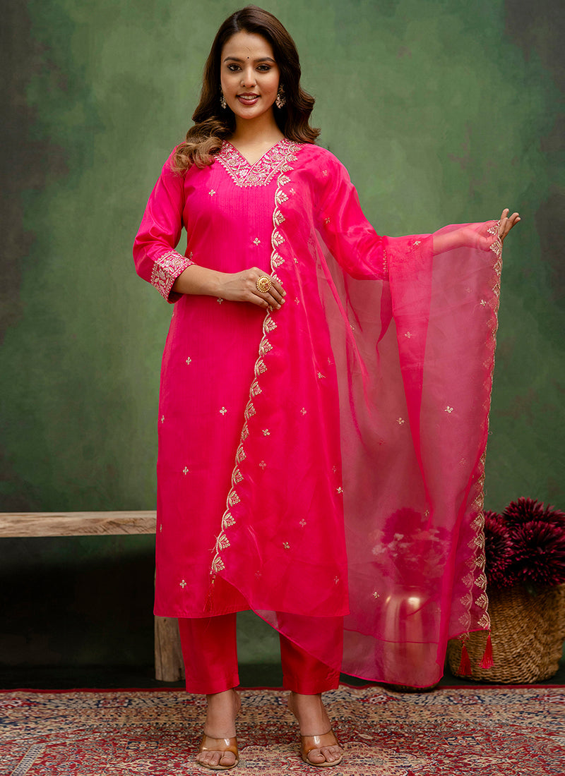 Vellora Silk Blend Rani Pink Casual Wear Embroidery Work Readymade Salwar Suit | Grocsy