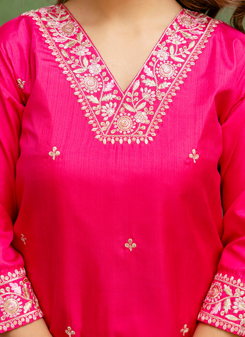 Vellora Silk Blend Rani Pink Casual Wear Embroidery Work Readymade Salwar Suit | Grocsy