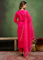 Vellora Silk Blend Rani Pink Casual Wear Embroidery Work Readymade Salwar Suit | Grocsy