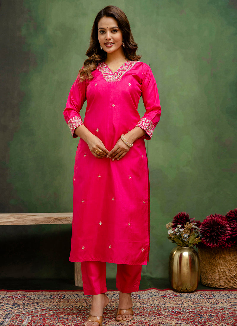 Vellora Silk Blend Rani Pink Casual Wear Embroidery Work Readymade Salwar Suit | Grocsy