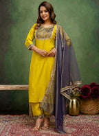 Vellora Silk Blend Lime Green Casual Wear Embroidery Work Readymade Salwar Suit | Grocsy