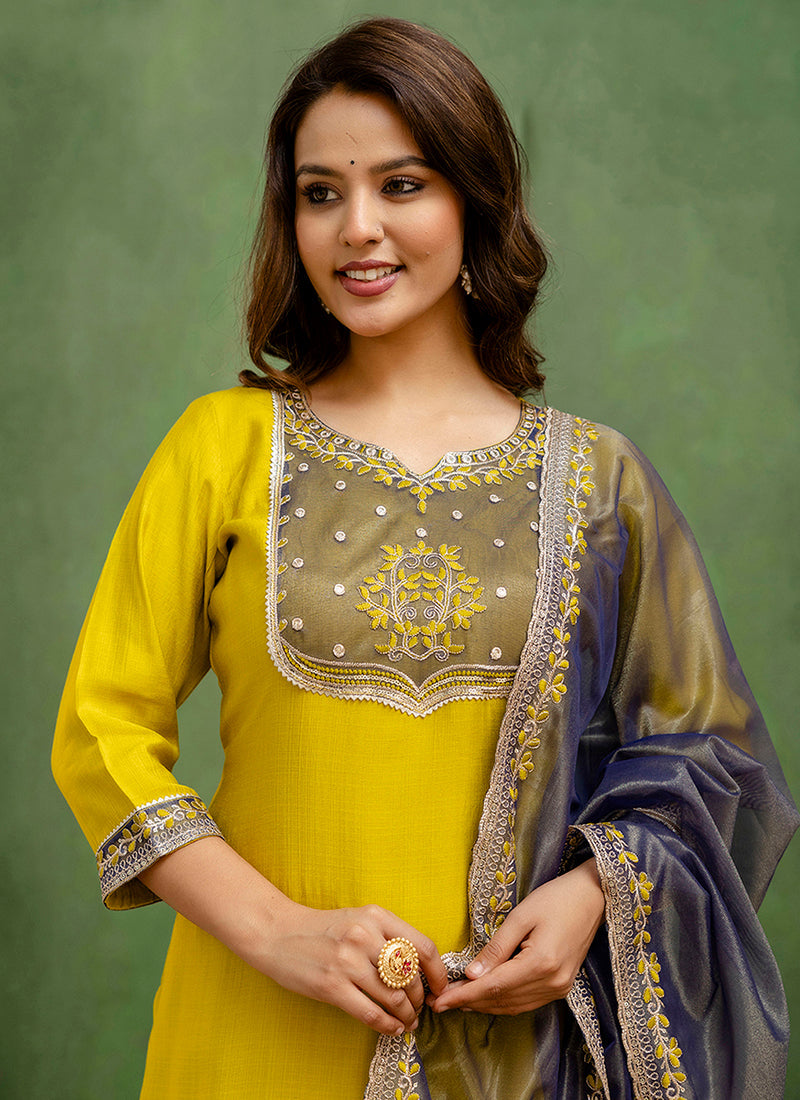 Vellora Silk Blend Lime Green Casual Wear Embroidery Work Readymade Salwar Suit | Grocsy