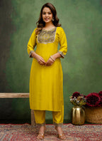 Vellora Silk Blend Lime Green Casual Wear Embroidery Work Readymade Salwar Suit | Grocsy