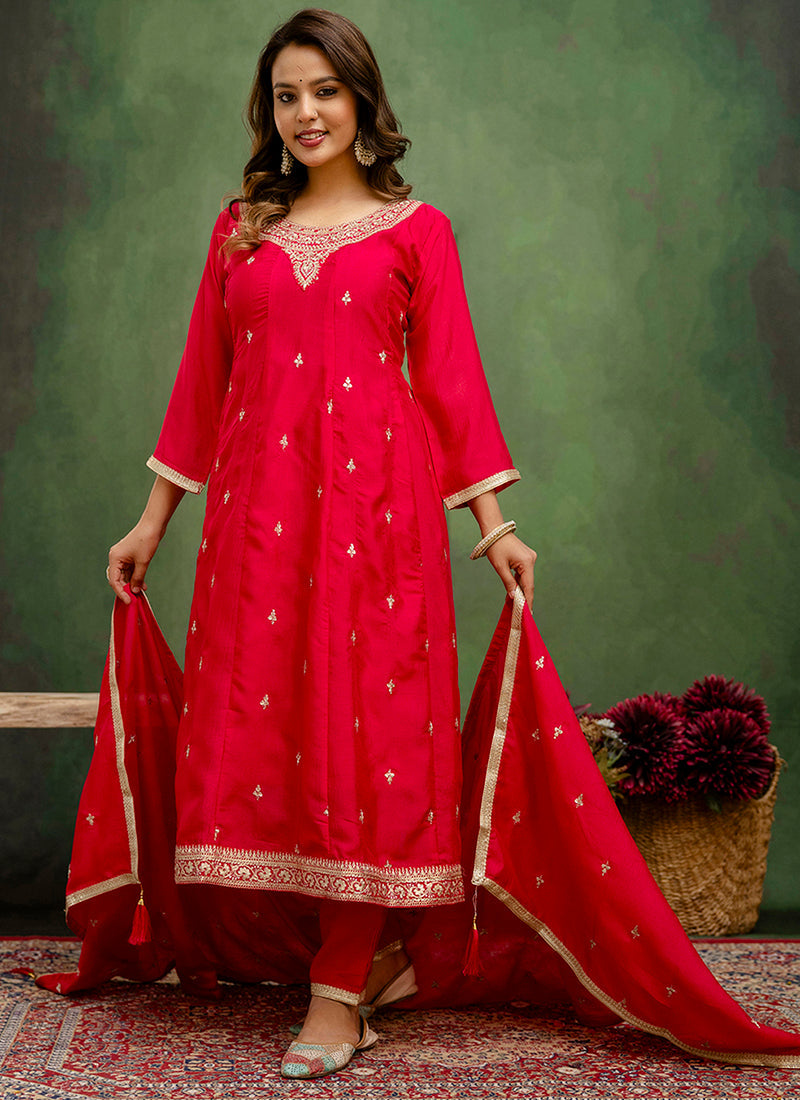 Vellora Silk Blend Rani Pink Casual Wear Embroidery Work Readymade Salwar Suit | Grocsy