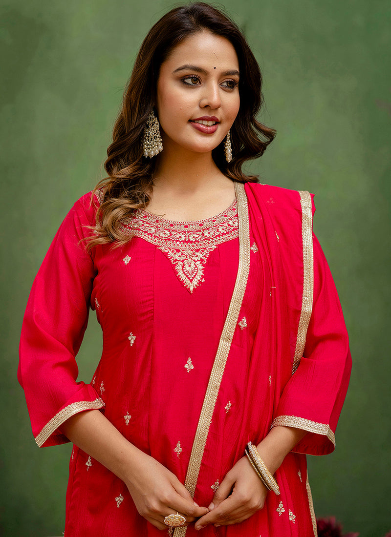 Vellora Silk Blend Rani Pink Casual Wear Embroidery Work Readymade Salwar Suit | Grocsy
