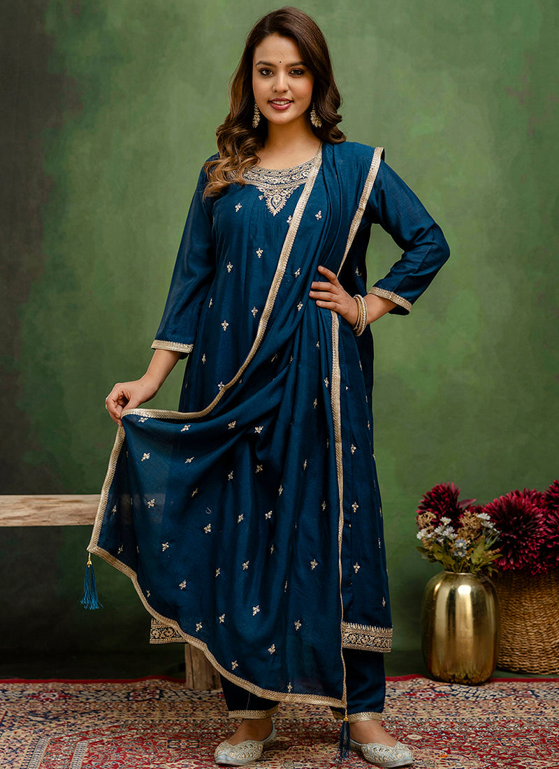 Vellora Silk Blend Navy Blue Casual Wear Embroidery Work Readymade Salwar Suit | Grocsy