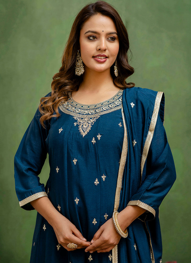 Vellora Silk Blend Navy Blue Casual Wear Embroidery Work Readymade Salwar Suit | Grocsy