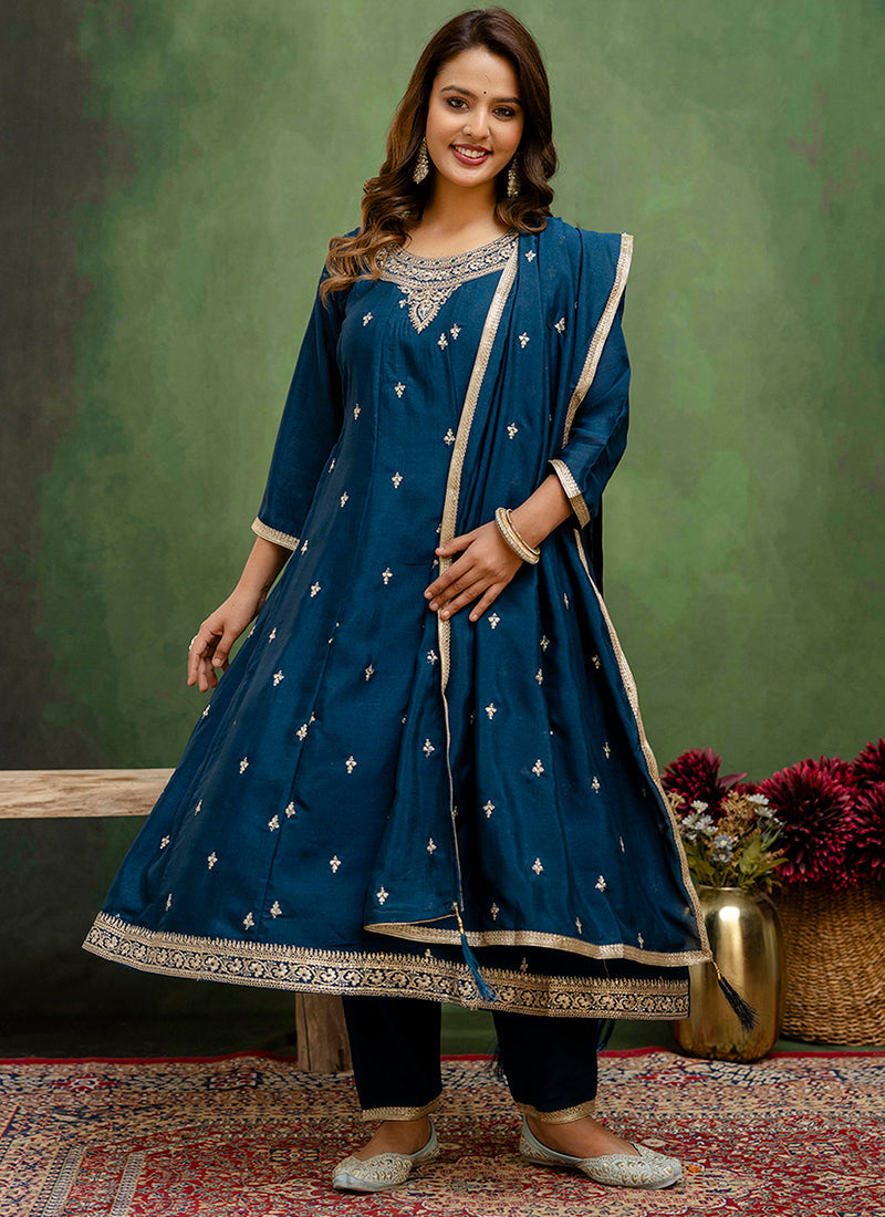 Vellora Silk Blend Navy Blue Casual Wear Embroidery Work Readymade Salwar Suit | Grocsy