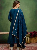 Vellora Silk Blend Navy Blue Casual Wear Embroidery Work Readymade Salwar Suit | Grocsy