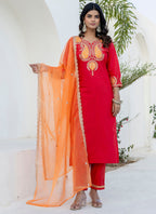 Vellora Viscose Rayon Red Casual Wear Embroidery Work Readymade Salwar Suit | Grocsy