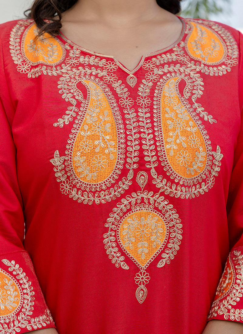 Vellora Viscose Rayon Red Casual Wear Embroidery Work Readymade Salwar Suit | Grocsy